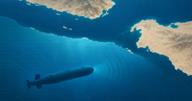 Conceptual illustration of an unmanned underwater vehicle beneath a map-like depiction of the Strait of Hormuz.