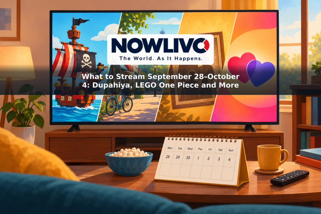Illustrated streaming screen with a brick-built pirate boat, a small-town street, a vintage portrait and romance icons beside a weekly calendar.