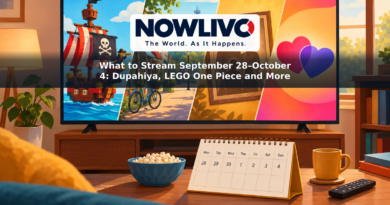 Illustrated streaming screen with a brick-built pirate boat, a small-town street, a vintage portrait and romance icons beside a weekly calendar.