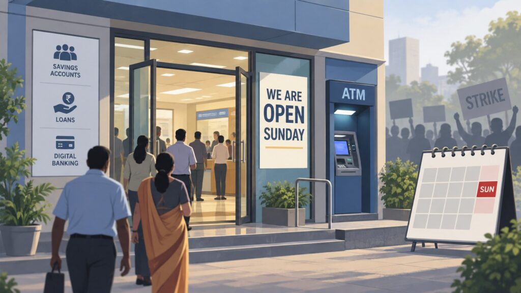 Editorial illustration of an open bank branch and ATM for Sunday service