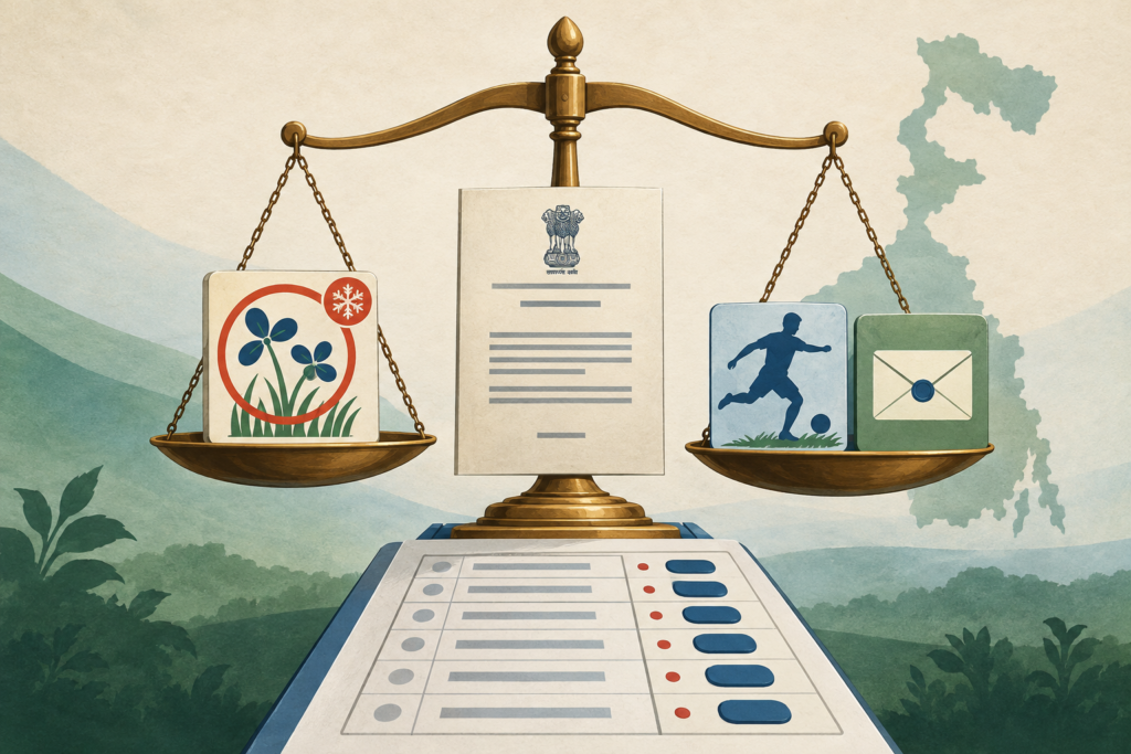Editorial illustration of judicial scales, an election ballot and competing temporary symbols representing the Trinamool Congress identity dispute.