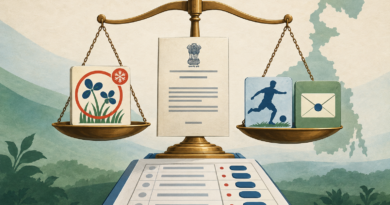 Editorial illustration of judicial scales, an election ballot and competing temporary symbols representing the Trinamool Congress identity dispute.