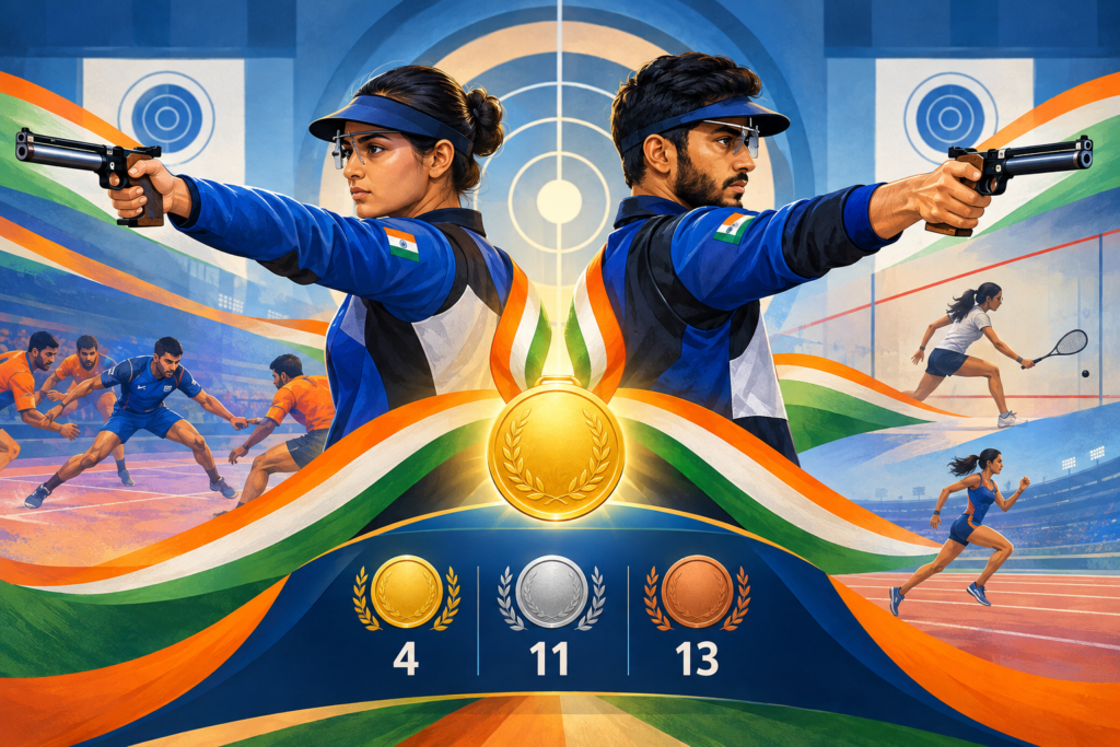 Conceptual illustration of two Indian pistol shooters celebrating a mixed-team gold medal beside a graphic showing India’s Asian Games medal tally.