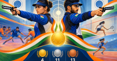 Conceptual illustration of two Indian pistol shooters celebrating a mixed-team gold medal beside a graphic showing India’s Asian Games medal tally.