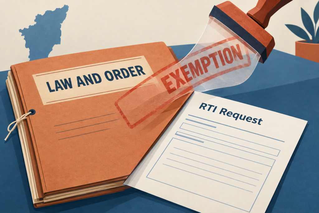 Illustration of an exemption stamp being lifted from a law-and-order file beside an RTI request form.