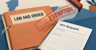 Illustration of an exemption stamp being lifted from a law-and-order file beside an RTI request form.
