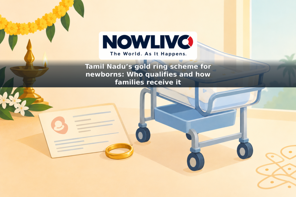 Conceptual illustration of a gold ring beside a newborn’s hospital cradle and a registration card.