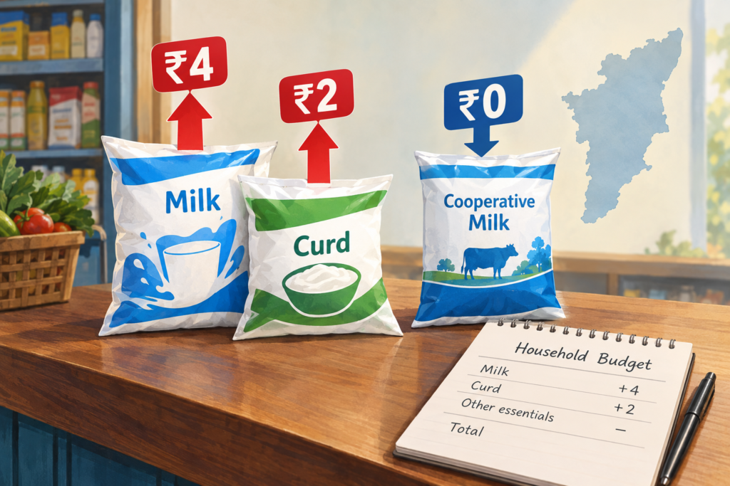 Editorial illustration comparing rising private milk and curd prices with unchanged cooperative dairy prices in Tamil Nadu.