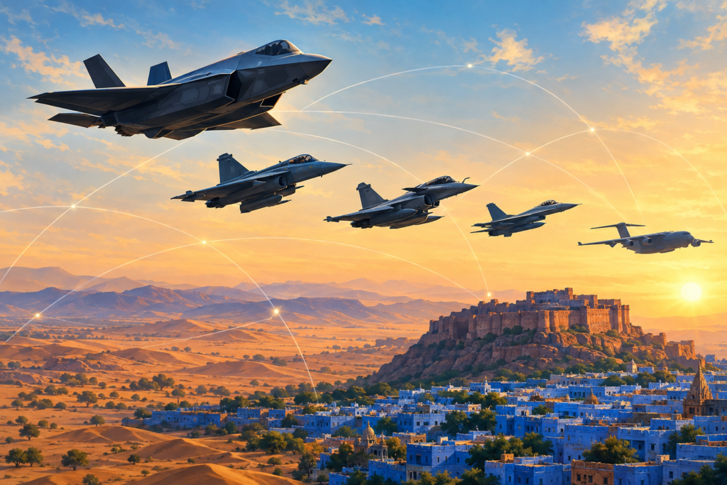 Conceptual illustration of multinational fighter and transport aircraft flying in formation over Jodhpur during Tarang Shakti 2026.