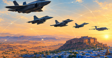 Conceptual illustration of multinational fighter and transport aircraft flying in formation over Jodhpur during Tarang Shakti 2026.