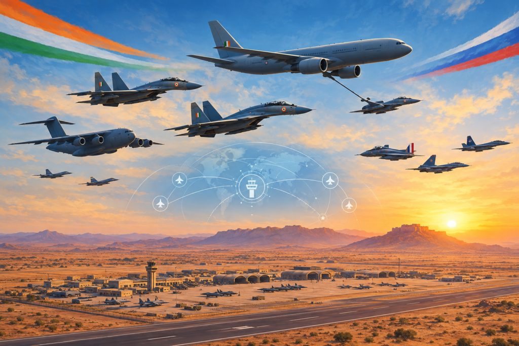 Illustration of multinational fighter, transport and refuelling aircraft flying in formation above a desert air base in Rajasthan.