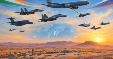 Illustration of multinational fighter, transport and refuelling aircraft flying in formation above a desert air base in Rajasthan.