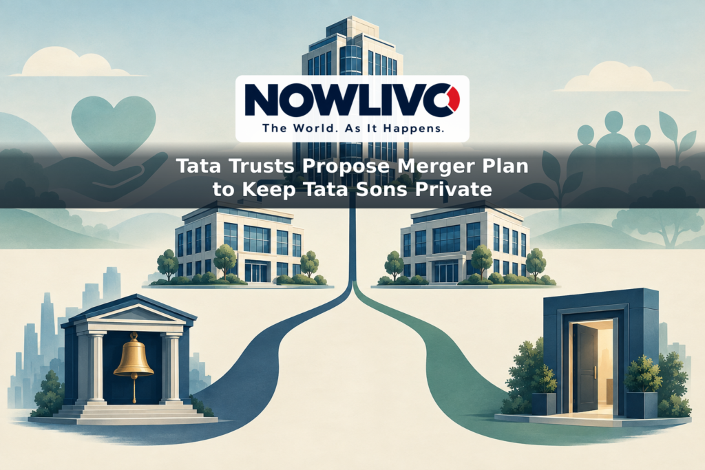 Illustration of two operating businesses joining a central holding company, with paths symbolising a public listing and continued private ownership.