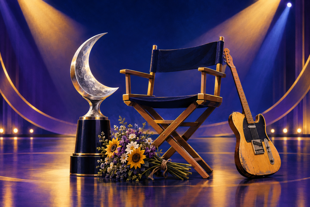 Illustration of a moon-shaped music award beside a director’s chair, flowers and an electric guitar under stage lights.