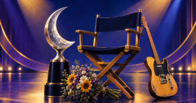 Illustration of a moon-shaped music award beside a director’s chair, flowers and an electric guitar under stage lights.