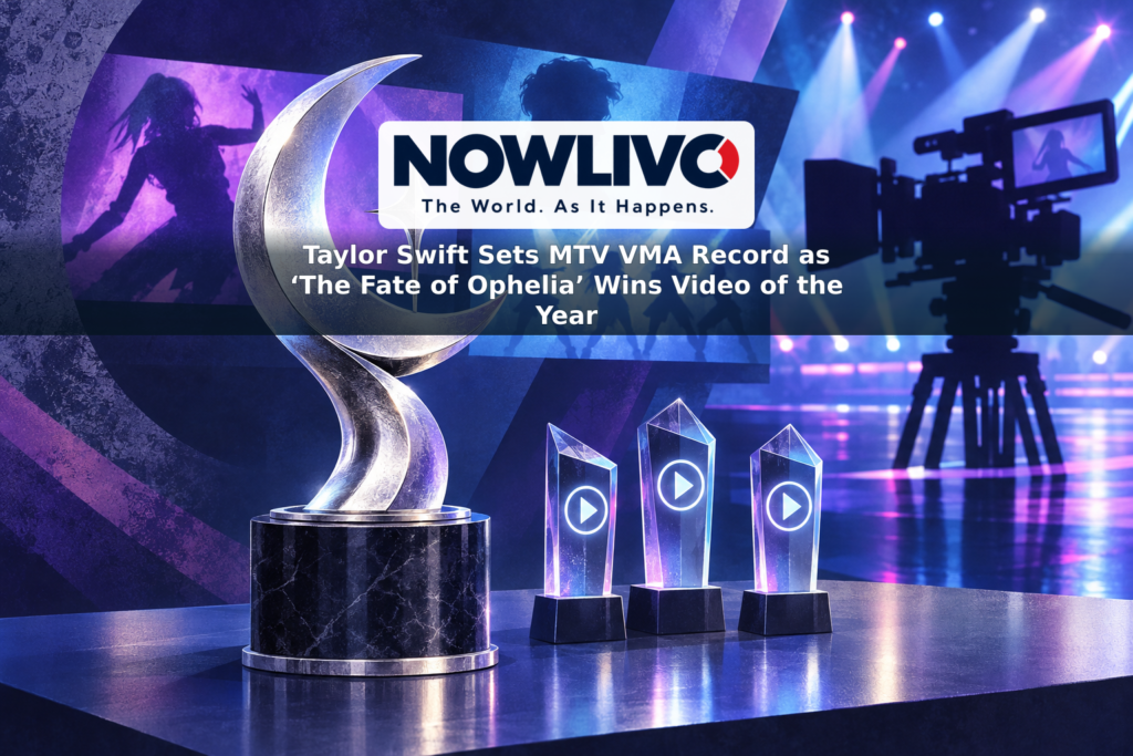 Conceptual illustration of a silver music-award trophy, video frames and stage lights representing the 2026 MTV Video Music Awards.