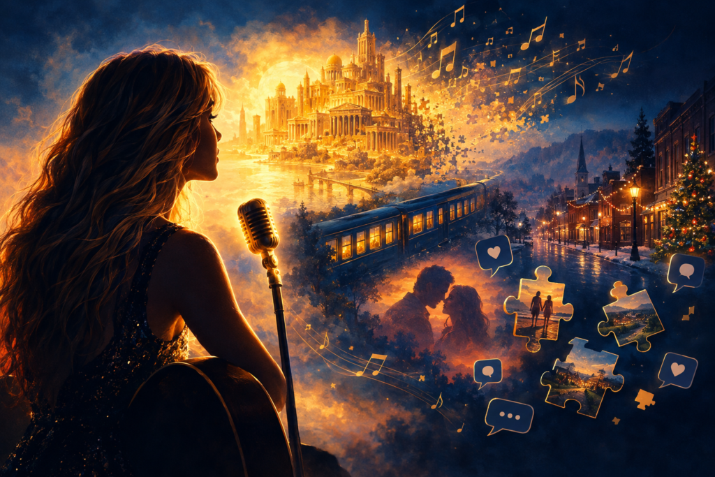 Conceptual illustration of a female songwriter watching a golden city dissolve into musical notes and memories, symbolizing the themes and fan theories surrounding “Babylon.”