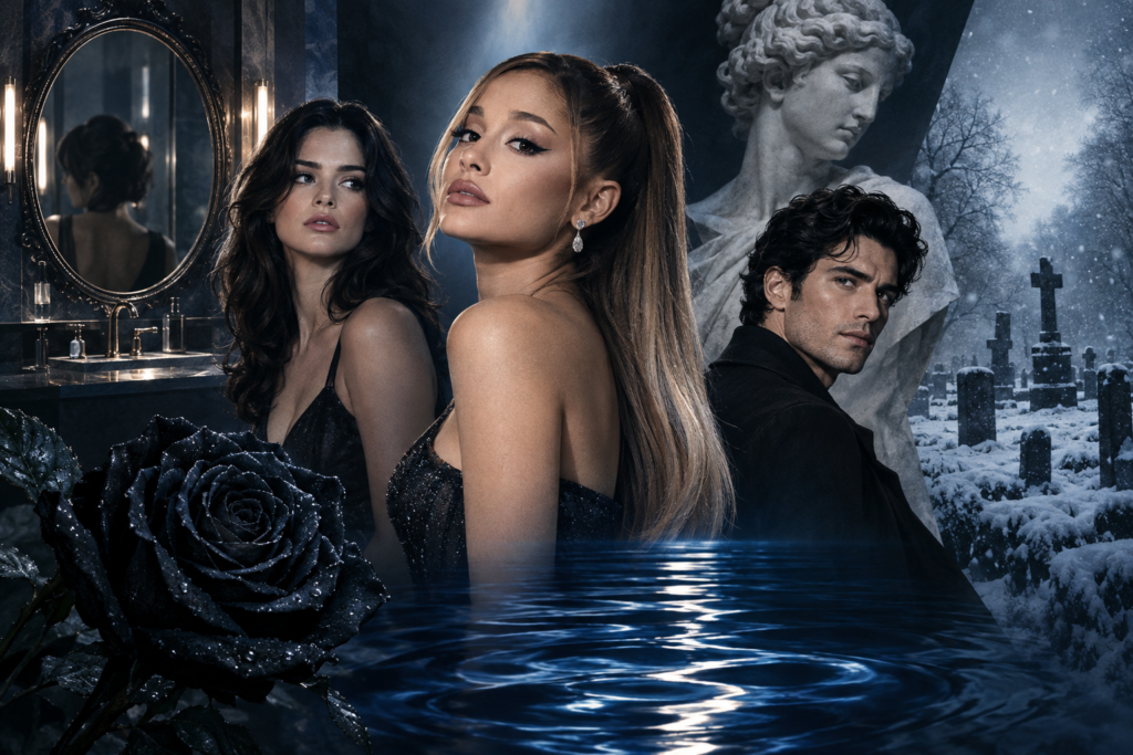 Editorial illustration of three entertainment figures surrounded by a mirror, dark water, a black rose, a statue and a snowy graveyard.