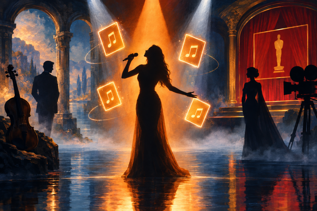 Conceptual illustration of a pop performer, four new songs and two cinematic figures awaiting a music-video premiere on an awards-show stage.
