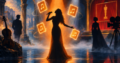 Conceptual illustration of a pop performer, four new songs and two cinematic figures awaiting a music-video premiere on an awards-show stage.