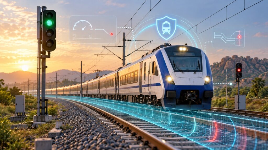 Editorial illustration of a passenger train and railway signal system in Telangana