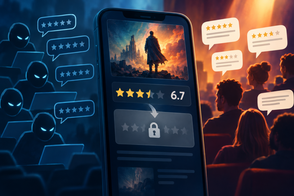 Illustration of an online movie score being replaced by a ratings-disabled notice as audience comments and bot symbols surround it.