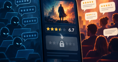 Illustration of an online movie score being replaced by a ratings-disabled notice as audience comments and bot symbols surround it.