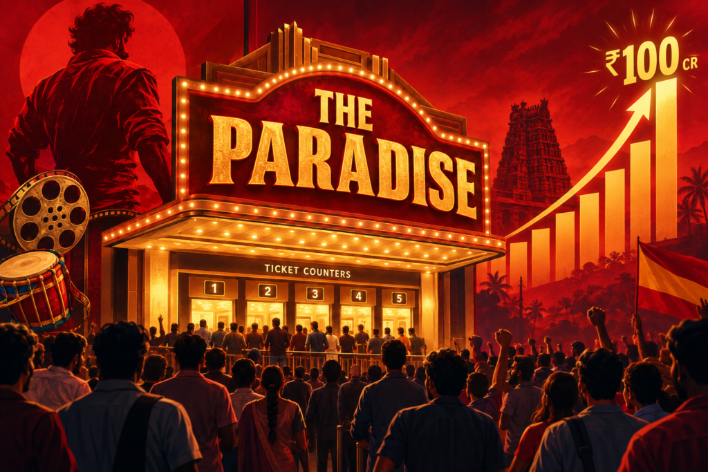 Editorial illustration of a cinema marquee for The Paradise beside a box-office graph approaching ₹100 crore.