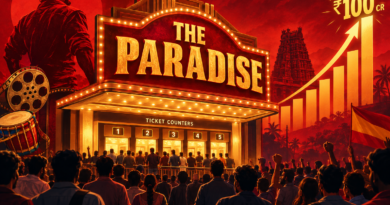 Editorial illustration of a cinema marquee for The Paradise beside a box-office graph approaching ₹100 crore.