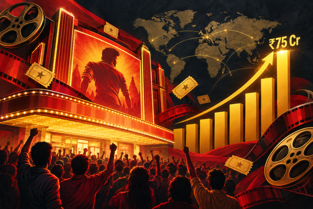 Conceptual illustration of a cinema marquee, audience and rising global box-office chart marking a ₹75 crore opening.