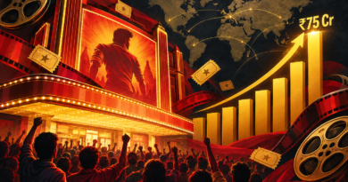 Conceptual illustration of a cinema marquee, audience and rising global box-office chart marking a ₹75 crore opening.