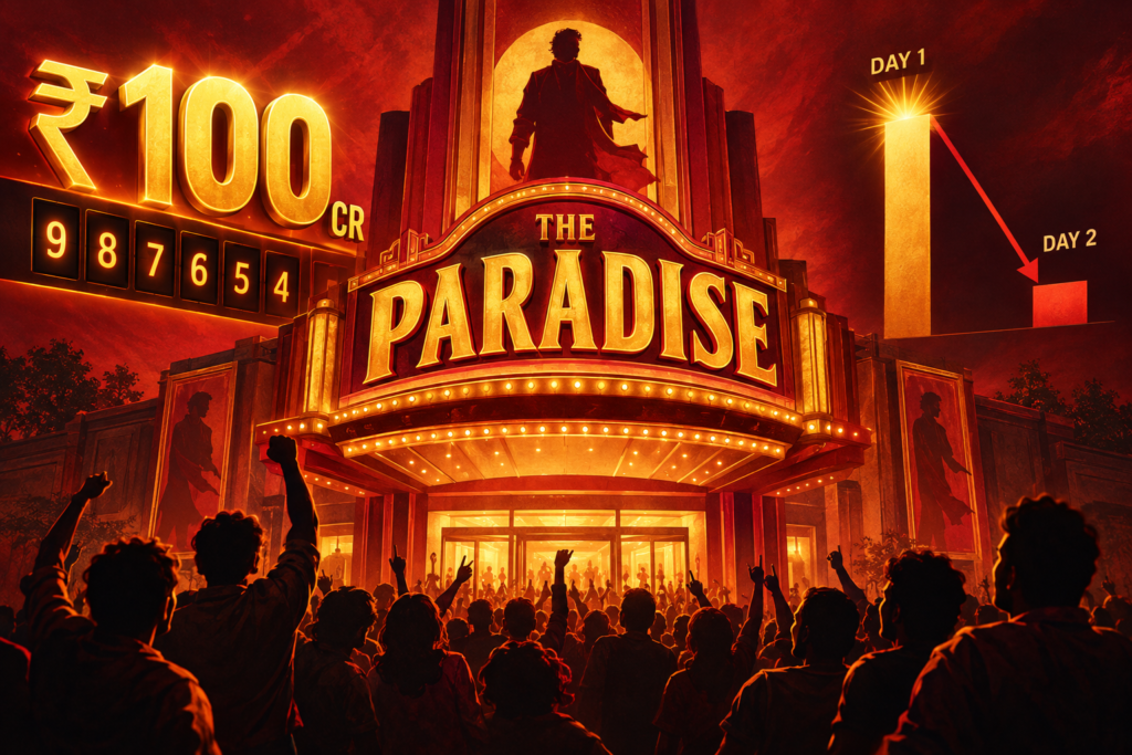 Illustration of The Paradise cinema marquee beside a box-office counter nearing ₹100 crore and a chart showing a second-day decline.