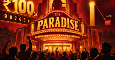Illustration of The Paradise cinema marquee beside a box-office counter nearing ₹100 crore and a chart showing a second-day decline.