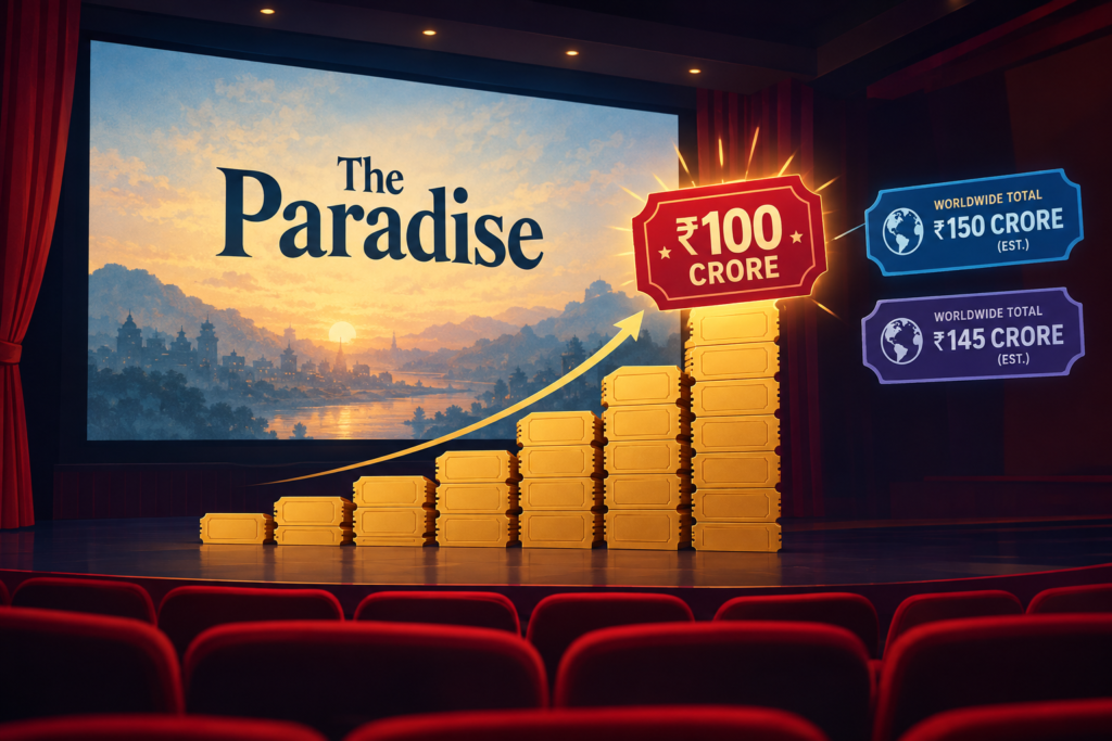 Illustrated cinema screen and rising ticket-shaped bars marking The Paradise crossing ₹100 crore worldwide.
