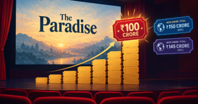 Illustrated cinema screen and rising ticket-shaped bars marking The Paradise crossing ₹100 crore worldwide.