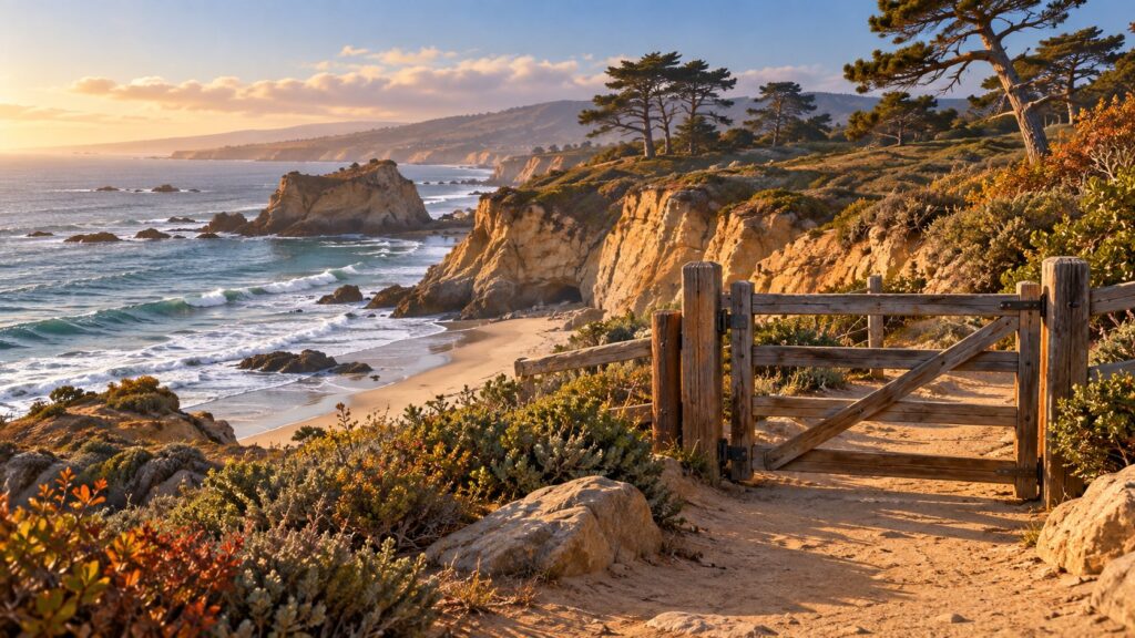 Editorial illustration of a closed trail gate above a California coast and open beach