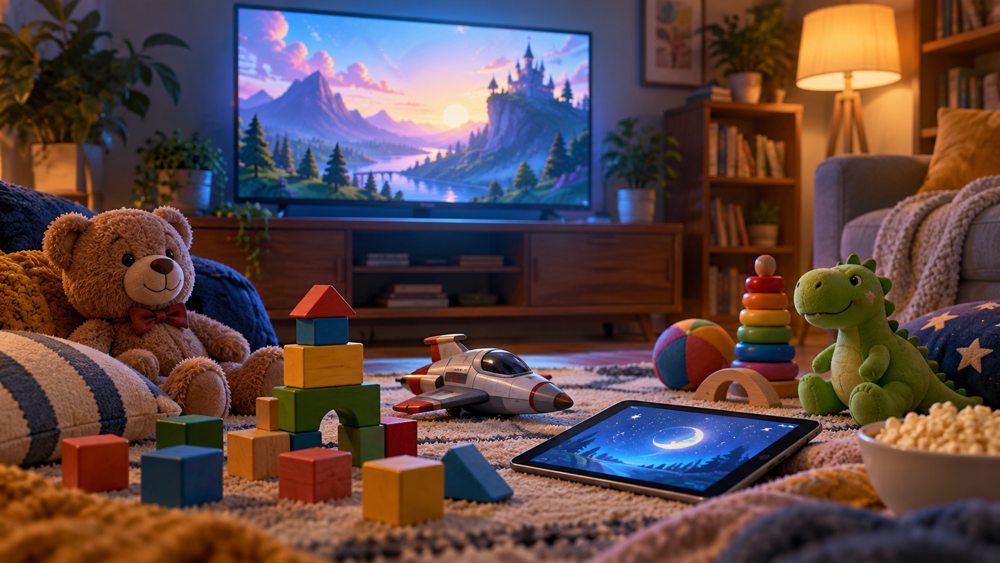 Generic toys and a tablet in a living room facing an illuminated television