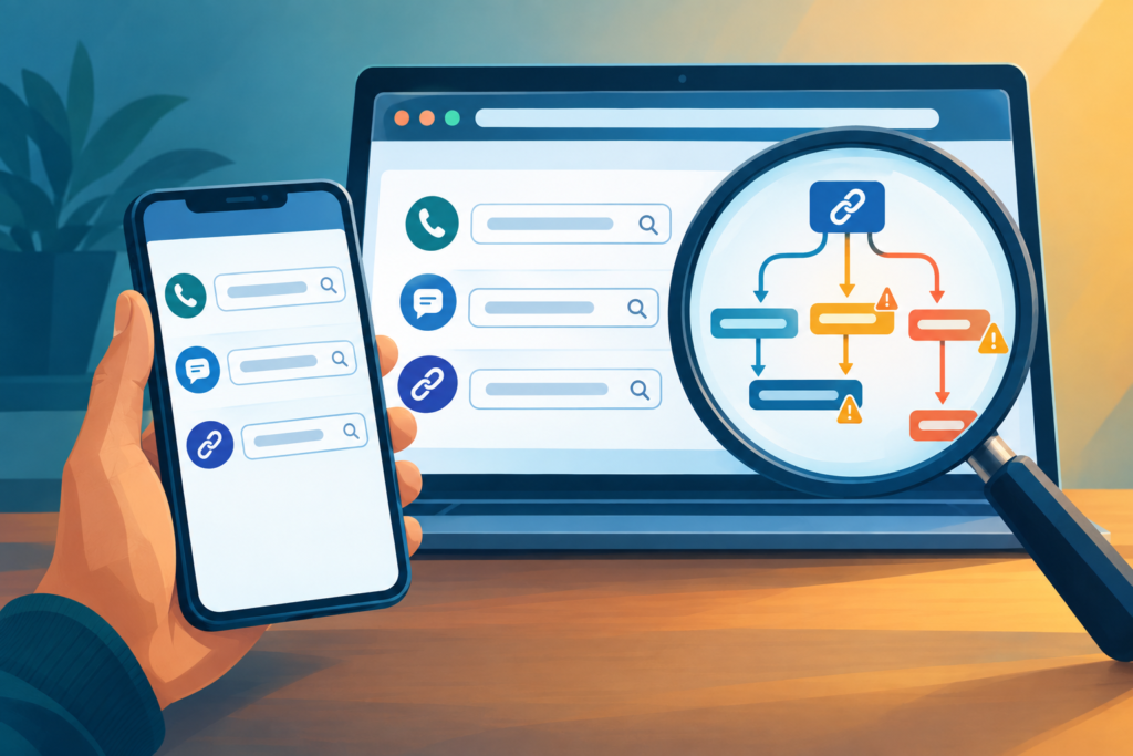 Illustration of a phone and browser checking a message, phone number and link, with caution symbols along a link’s path.