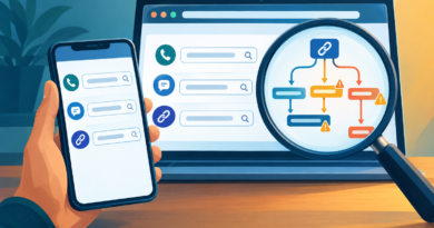 Illustration of a phone and browser checking a message, phone number and link, with caution symbols along a link’s path.