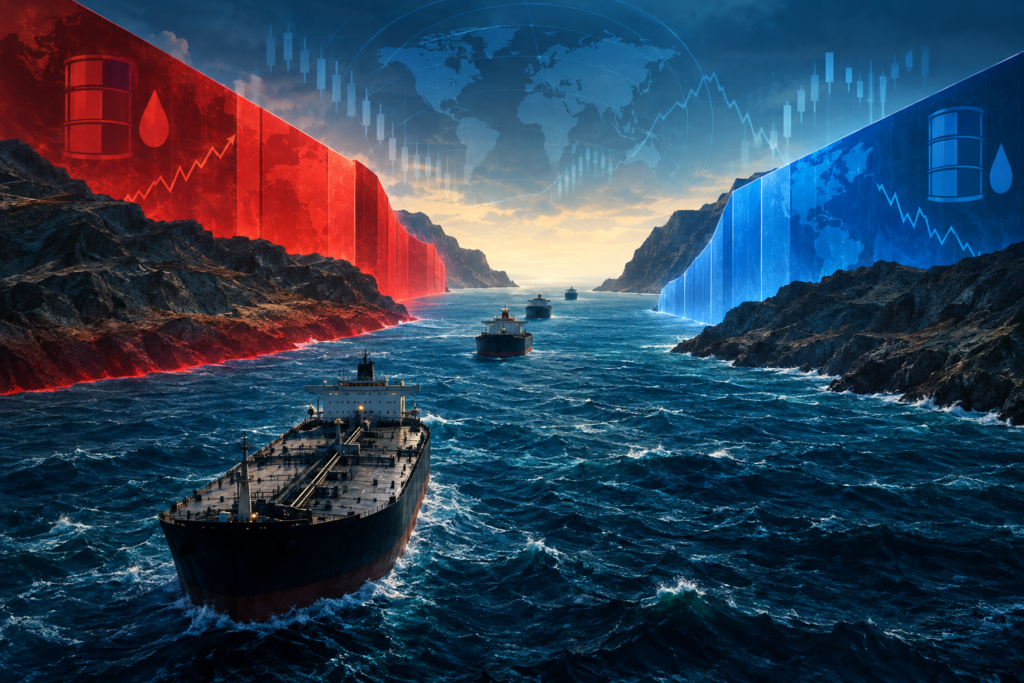 Conceptual illustration of oil tankers waiting near a diplomatically divided Strait of Hormuz as energy and market uncertainty grows.