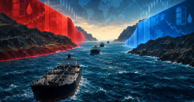 Conceptual illustration of oil tankers waiting near a diplomatically divided Strait of Hormuz as energy and market uncertainty grows.
