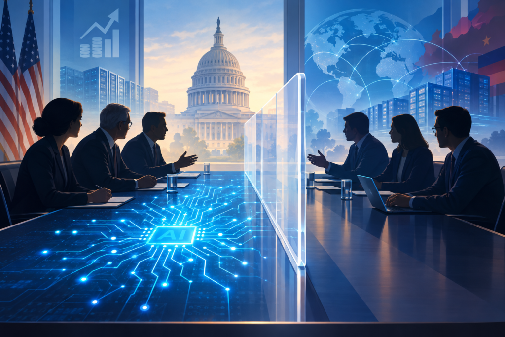 Conceptual illustration of government officials and technology executives debating AI innovation, safety rules and investment.
