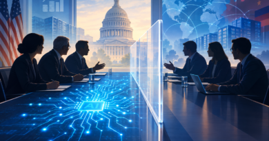 Conceptual illustration of government officials and technology executives debating AI innovation, safety rules and investment.