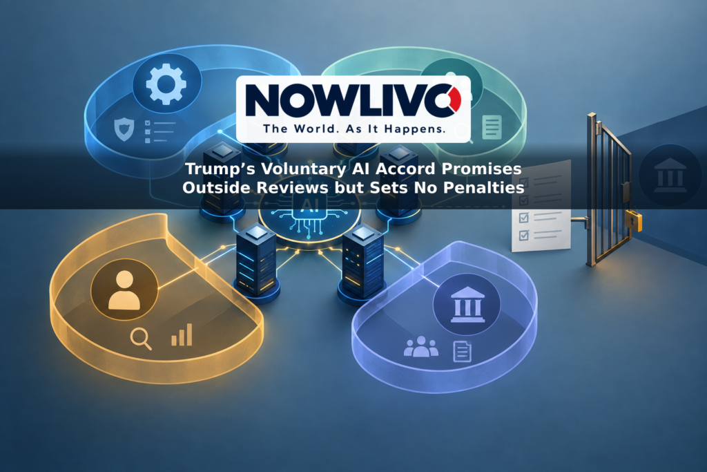 Conceptual illustration of an AI circuit surrounded by four oversight rings, with an open gate representing the accord’s voluntary status.