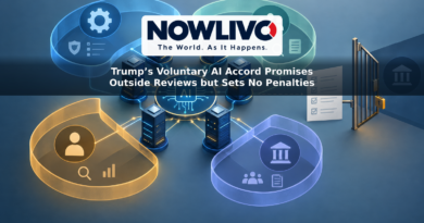 Conceptual illustration of an AI circuit surrounded by four oversight rings, with an open gate representing the accord’s voluntary status.