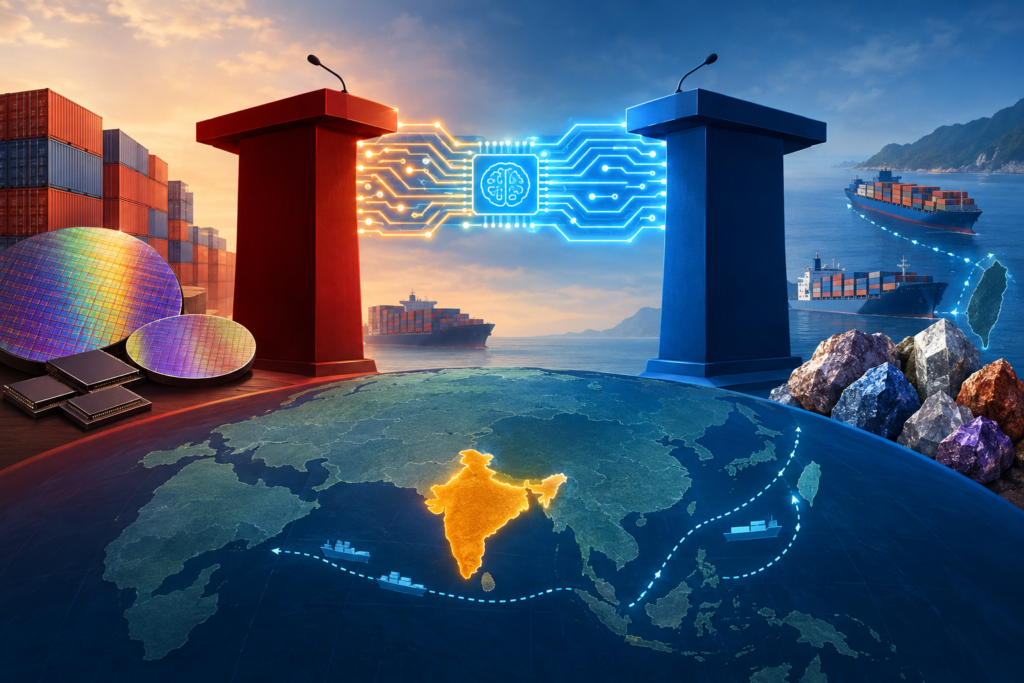 Conceptual illustration linking US-China talks with artificial intelligence, trade, rare-earth minerals, Taiwan shipping routes and India.