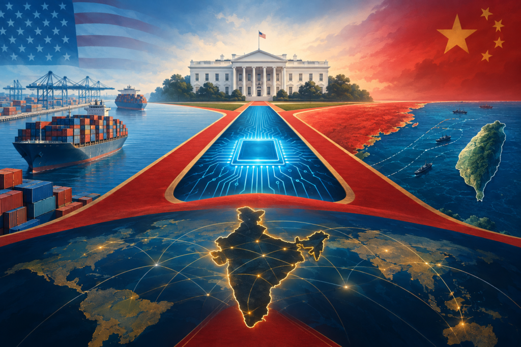 Conceptual illustration showing a red carpet connecting US-China diplomacy with symbols of trade, artificial intelligence, Taiwan and India.