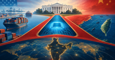Conceptual illustration showing a red carpet connecting US-China diplomacy with symbols of trade, artificial intelligence, Taiwan and India.