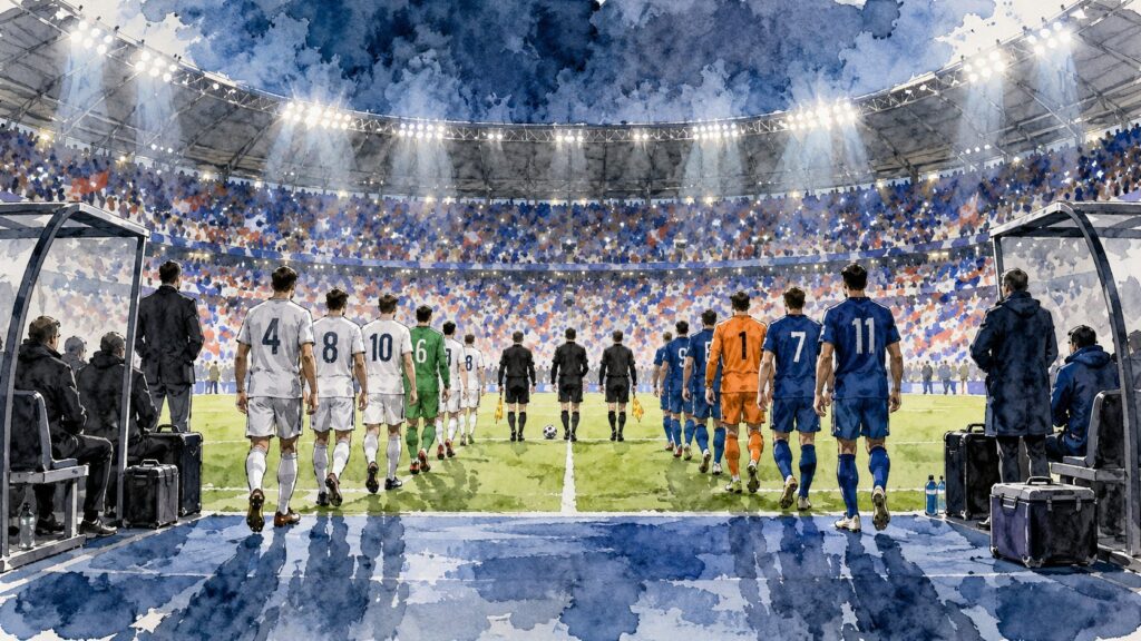 Editorial illustration of two football teams entering a floodlit stadium before an international match