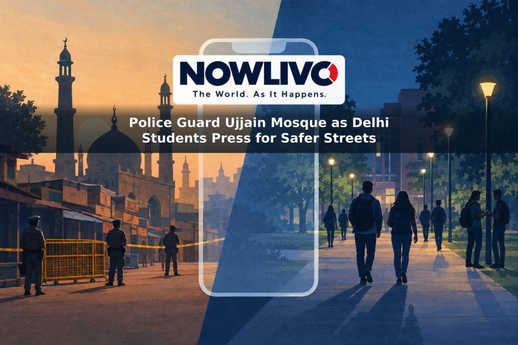 Conceptual split illustration showing a guarded mosque streetscape in Ujjain and students walking beneath streetlights near a Delhi campus, separated by a phone-screen outline.